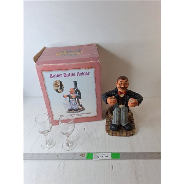 Ceramic Wine Butler Bottle Holder 9.25" & (2) Glasses