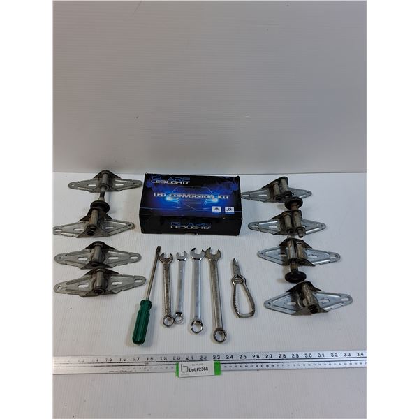 (8) Garage Door Hinges & Rollers, Wrenches, LED (3) Light Kit (As Is), Misc