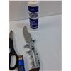 Image 4 : Lot: Humidor Solution (CANNOT SHIP), Flashlight, (5) Utility Knives, Knife, Scissors, Misc