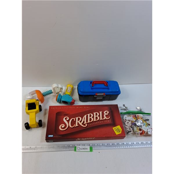 Lot: Scrabble (As Is), Childrens Toys, Plastic Childrens Rings, Misc