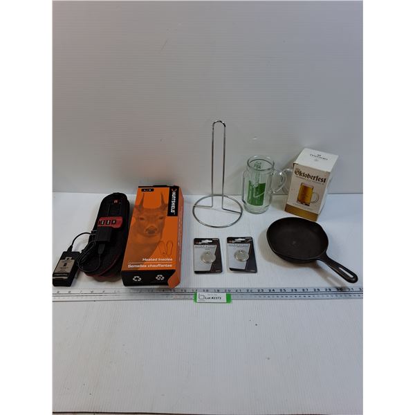 Lot: Huntsheild Heated Insoles (As Is), (2) Beer Steins, Cast Iron Frying Pan, Misc