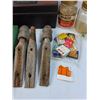 Image 2 : Lot: Glass Insulator Posts, Matches, Eight Track Case, Bench Padded Seat, Misc