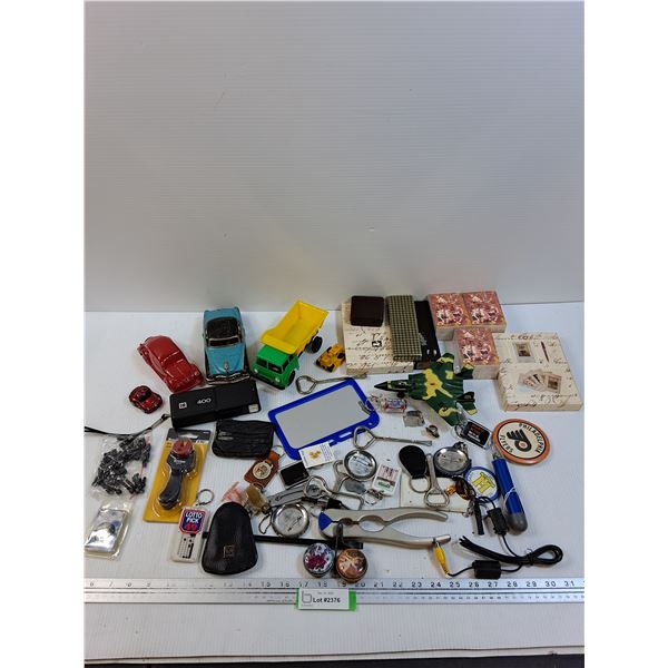 Lot: Model Toy Vehicles, Keychains, Brake Line Cutter, Misc