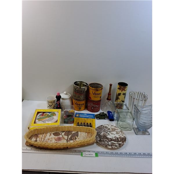 Lot: Tobacco Tins, Glass Vases, Rubber Tire Valve Set, Misc