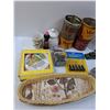 Image 2 : Lot: Tobacco Tins, Glass Vases, Rubber Tire Valve Set, Misc