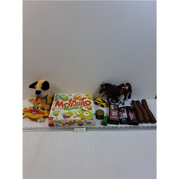Lot: Mosquito Madness Game, Stuffies, Tim Hortons Hockey Stick, Horse, Misc