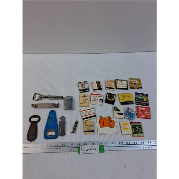 Lot: Matches Collection, Bottle Openers, Lighter, Folding Knife