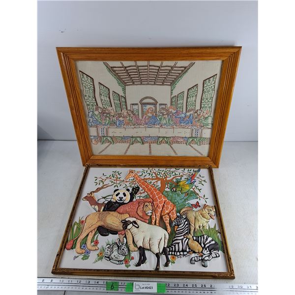 Framed Embroided The Last Supper Artwork 23" x 19", Framed Textile Art - Wildlife Safari Animals