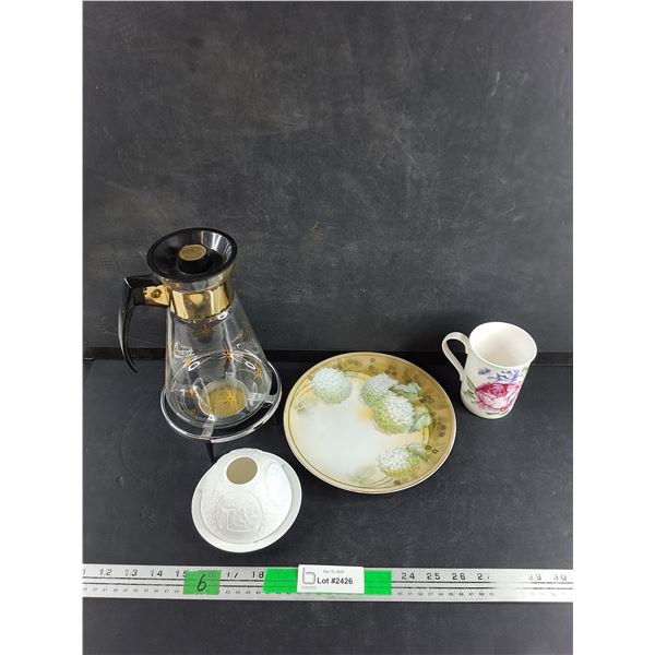 Glass Coffee Carafe with Stand, Floral Plate, Rose Mug, Porcelain Candle Shade