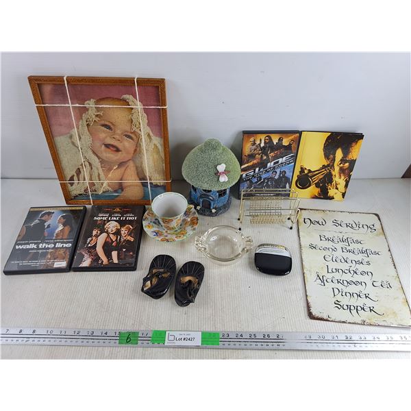 DVD Movies, Coffee Cup with Saucer, Brass Napkin Holder, Framed Puzzle 13" x 11", Glass Ash Tray