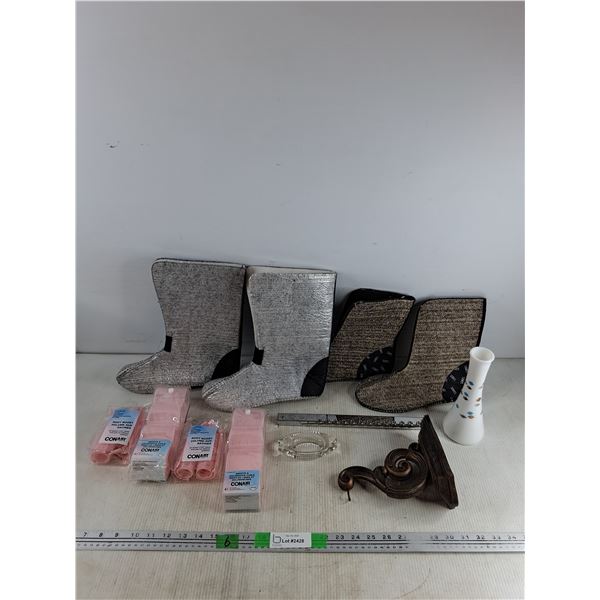 Boot Liners - Size 5 & 7, Conair Hair Curlers, Glass Ash Tray, Milk Glass Vase 8", Misc