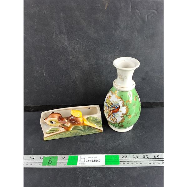 Vintage Shafford Ware Bambi Ceramic Napkin Holder & Vintage 8" High Ceramic Vase