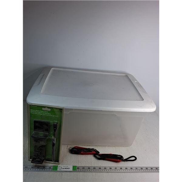 (2) Easycut Exacto Knives, Heavy Duty Gate Latch Appears NIB, Storage Container 22.5"x16"x11.5"