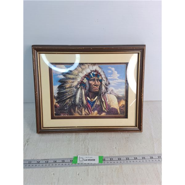 Wood Framed Indigenous Chief Multi Layered Art Work Approx 15.5"x12.5"
