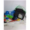 Image 3 : Various Games Supplies- (2)Badminton Ratchets, (4)Toy Horse Shoes, Frisbee, Net Setup Kit, (4) Lawn 