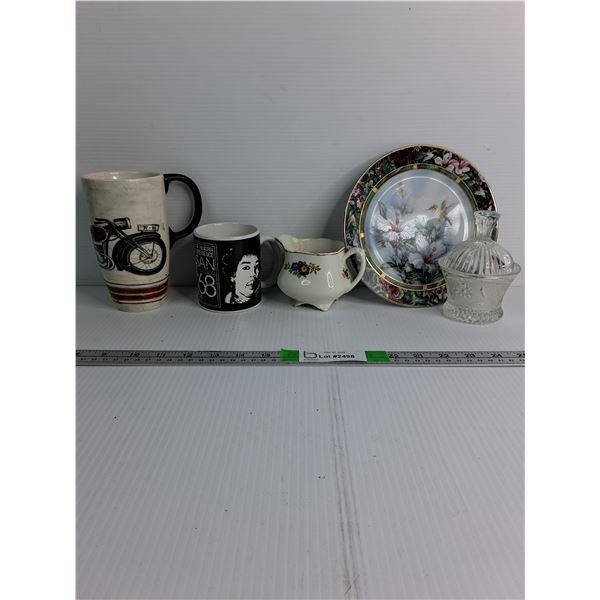 (2) Mugs Up To 6 1/4", Glass Sugar Container,  Ceramic Plate 7 3/4, And Gravy Serving Dish