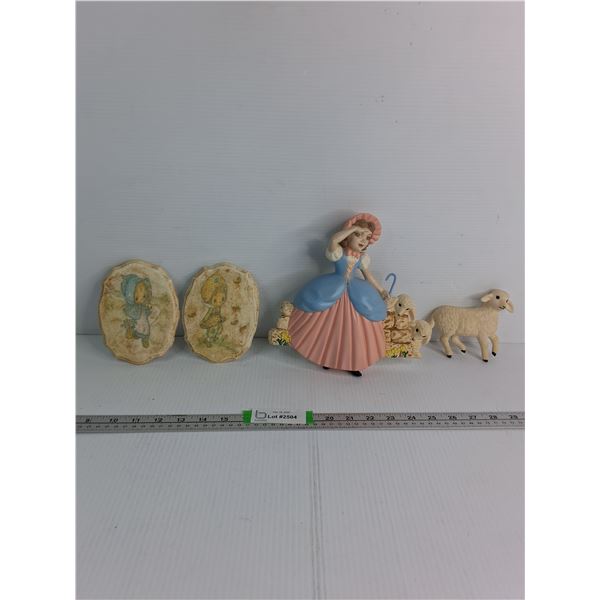 Ceramic War Decor- Vintage Betsey Clark Wall Plaques, Little Shepherd Girl With Sheep,