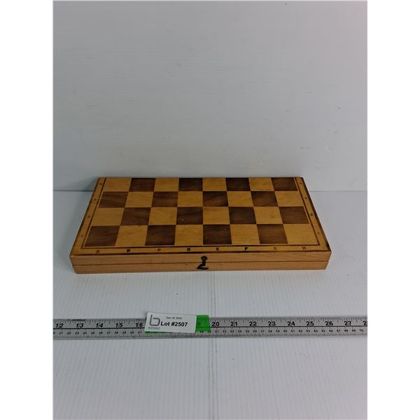 Vintage Wooden Folding Chess Board Box With Pieces Inside 15"x 7.5"