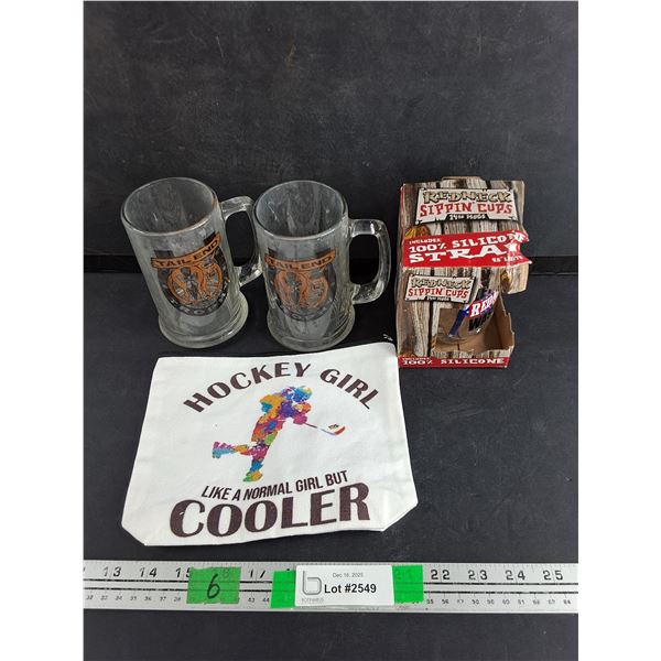 Tail End Trophy Beersteins, Redneck Sippin Cups, Hockey Girl Bag 9" x 7"