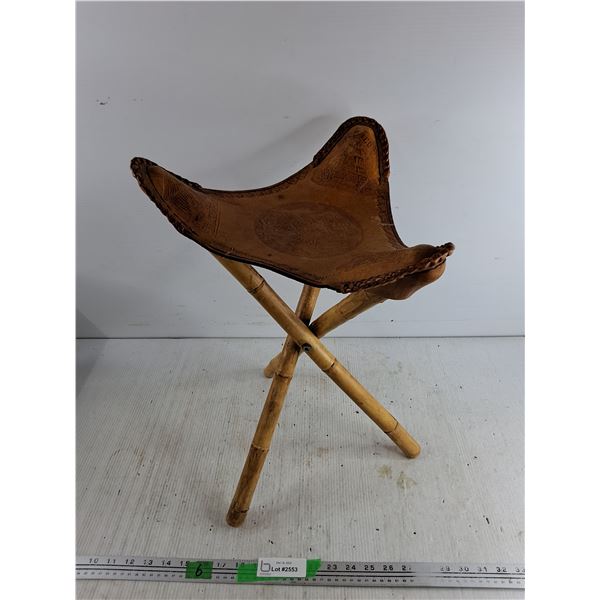 Vintage Leather & Bamboo Tripod Camp Stool 20" x 13"