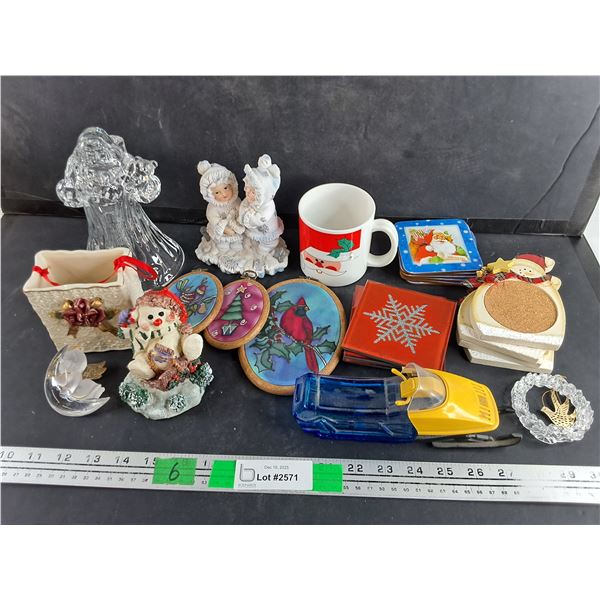 Christmas Coasters, Crystal Santa Candle Holder, Plastic Mug, Avon Perfume Bottle, Misc