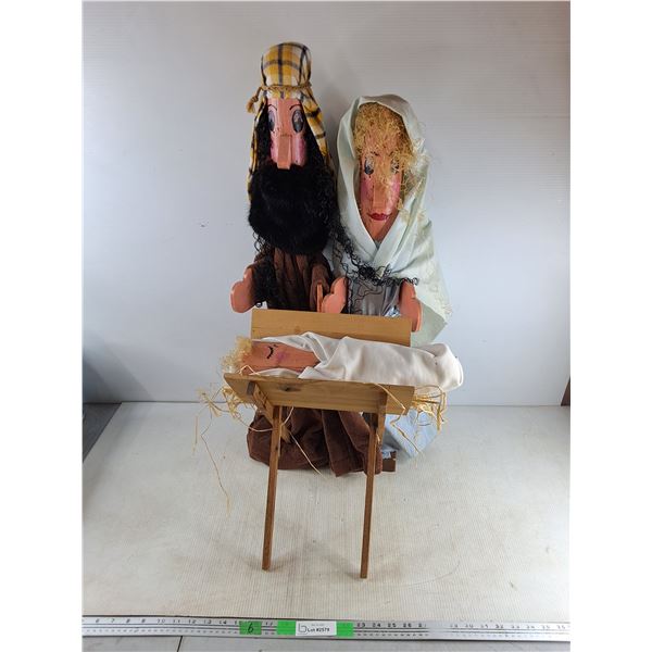 Handmade Wooden Nativity Scene - Mary, Joseph & Baby in Manger - 34", 31", 12", Cannot Ship