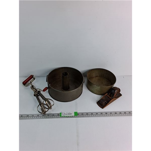 (2) Baking Pan- Vintage Swans Down Cake Flour Angel Food Cake Pan, Hand-crank Mixer, Wood Plane