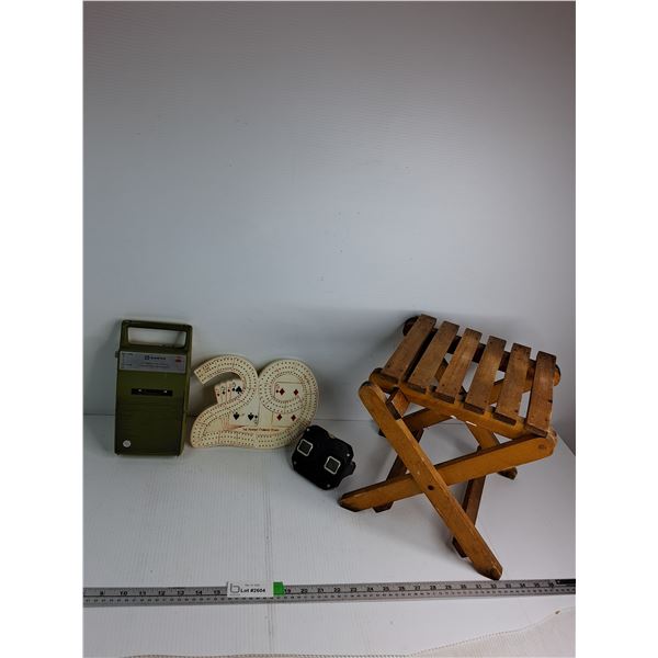 Sanyo CassetteRecorder, Crib Board, Sawyers View Master, Wooden Folding Stool 10"x12"