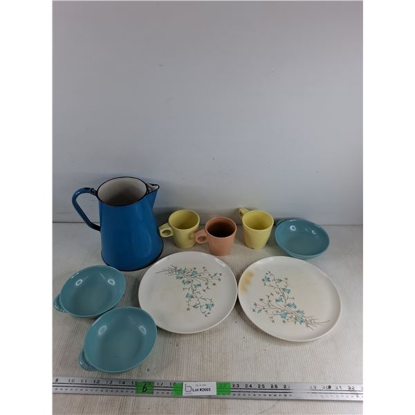 Vintage Enamel Pitcher & Mid Century Melmac Dinnerware