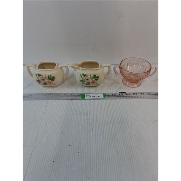 Pink Depression Glass Sugar Bowl and Hull Art Pottery Rosella Cream/Sugar Set