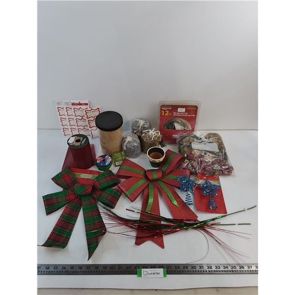 Assorted Christmas Decor - Tree Toppers, Ribbons, Lights, Gift Stickers