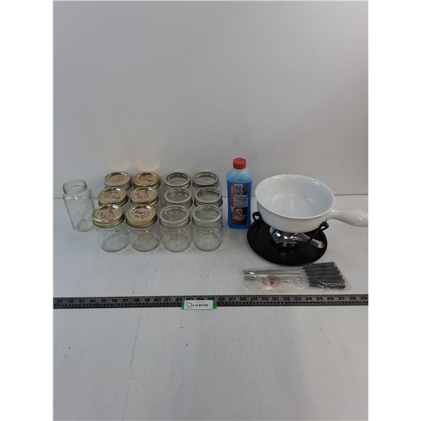 Fondue Set w/Partial Bottle of Gelled Fuel, (13) Canning Jars - Cannot Ship