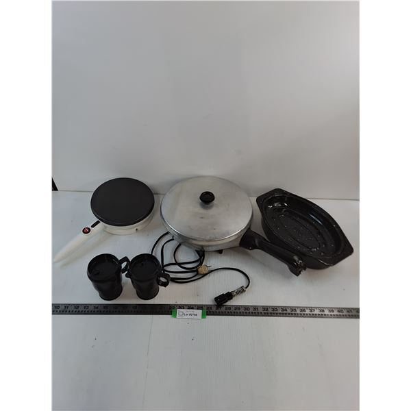 (2) Electric Cooking Pans - Both Power On, Small Enameled Roaster, Travel Mugs