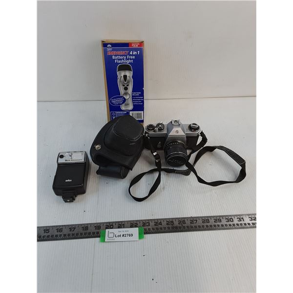 Asahi Pentax Film Camera w/Case & Flash, New Emergency Flashlight