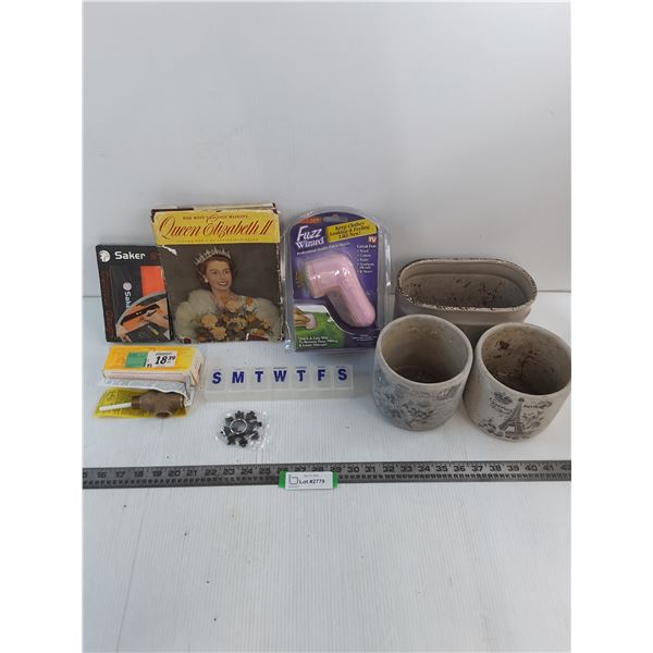 Saker Contour Gauge, Fuzz Wizard, Water Valve, Plant Pots, Screwdriver Key Ring, Pill Box, QEII Book