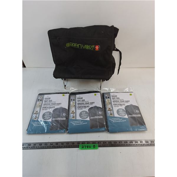 (3) Sealed Suit Bags, 2-Wheeled Grocery Bag