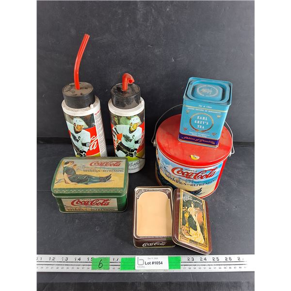 Coca Cola Vintage Tins w/ Earl Gray Tea Tin, Wayne Gretzky Hockey Bottles