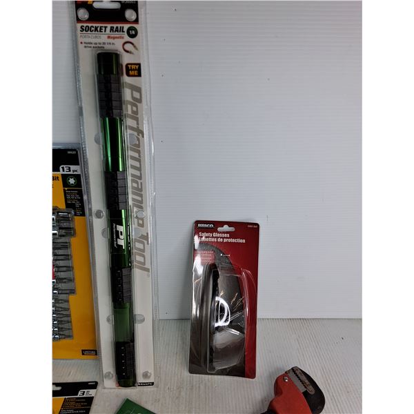 Titan 13pc Bit Socket Set, Impact Wobble Socket Adapter Set, Socket Rail, 100pc Cable Ties, Safety G