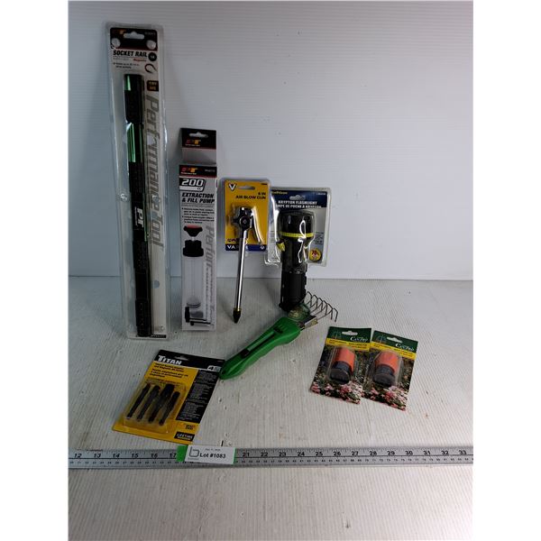 Socket Rail, Extraction & Fill Pump, Air Blow Gun,  Flashlight, Impact Socket Adapter & Magnetic Bit