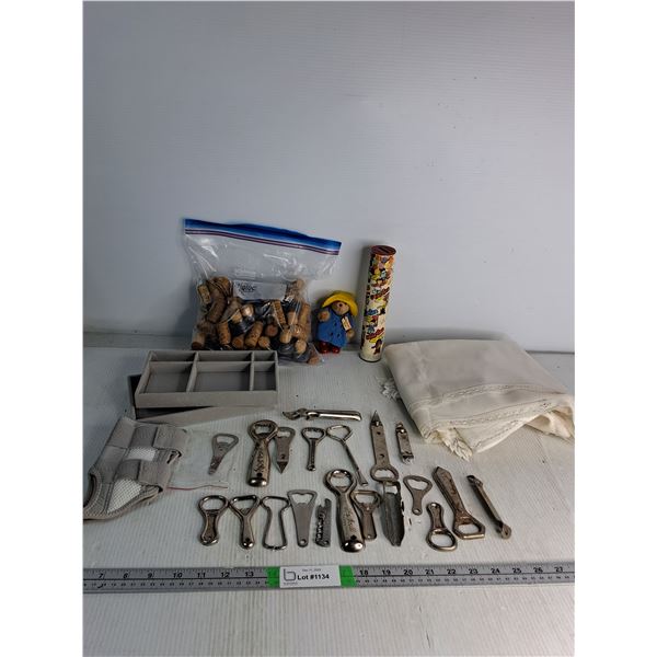 Various Bottles Openers, Cork Screws, Jewlery Box, Table Cloth