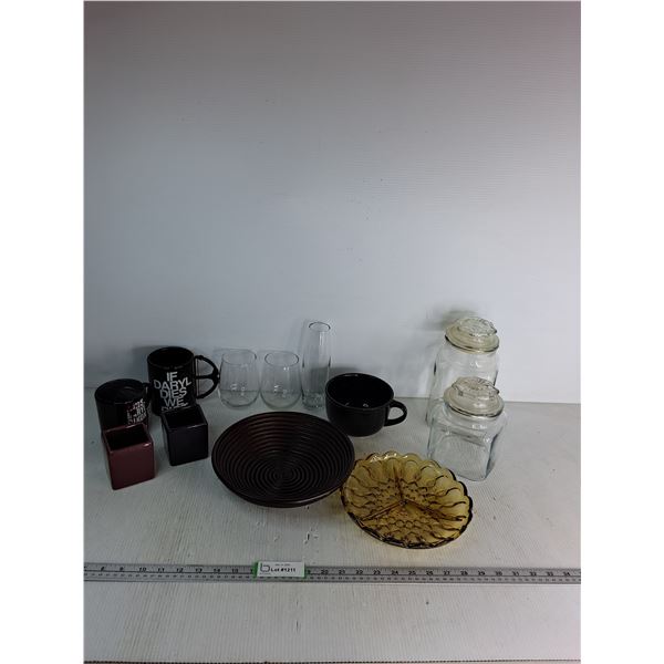 (3) Mugs-(2) Walking Dead Themed, (3) Glass Cups Up To 7.5", (2)Grain Containers Up To 8", Misc