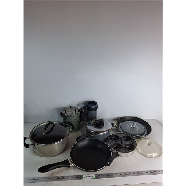 Pots and Pans Up To 4"x10", Egg Poacher Inset, Pot Lids, Watering Can, Dakota Themos Mug