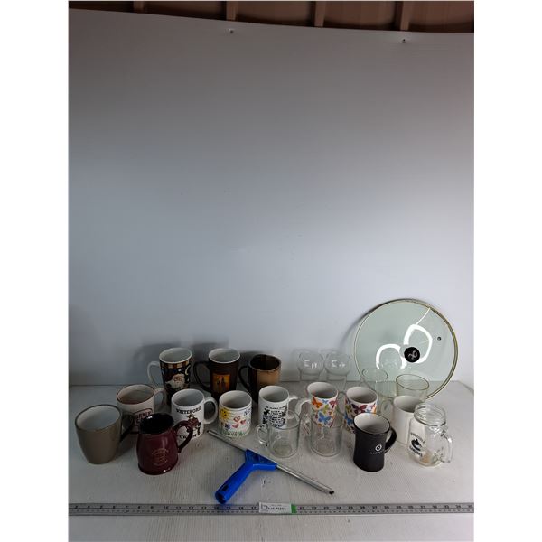 (20)Various Sizes Of Mugs And Glasses, Plastic Window Squeegee, Pot Lid Approx 12"