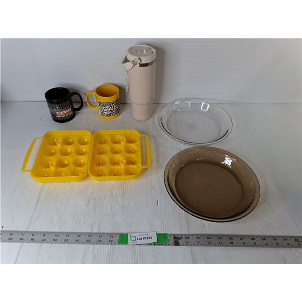 (3) Mugs, (2) Pyrex Pie Plates, Egg Holder