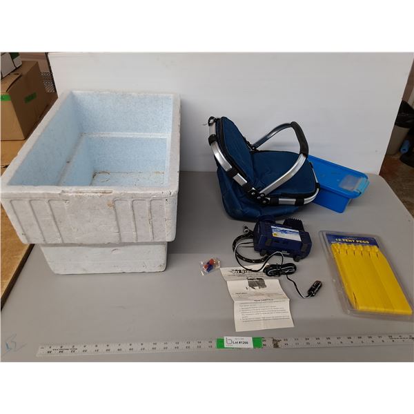 (12) Tent Pegs, Pit Stop 12V Air Compressor, Picnic Basket, Misc. Cannot Ship