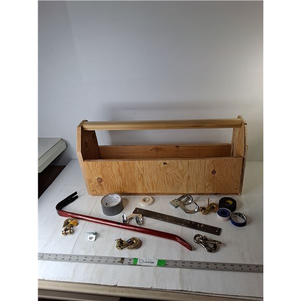 Wood Toolbox 27.5" x 9.5" x 12.75", Crowbar, Grab Hooks, Misc - PICK UP ONLY