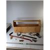 Image 1 : Wood Toolbox 27.5" x 9.5" x 12.75", Crowbar, Grab Hooks, Misc - PICK UP ONLY