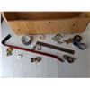 Image 3 : Wood Toolbox 27.5" x 9.5" x 12.75", Crowbar, Grab Hooks, Misc - PICK UP ONLY