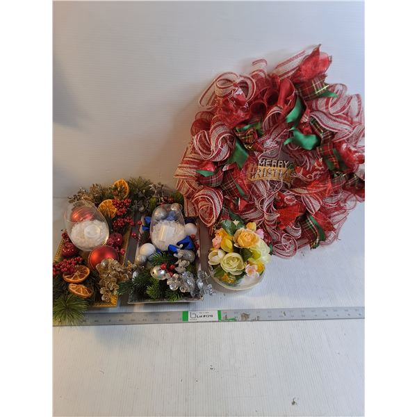 (2) Christmas Tray Decor,Merry Christmas Wreath,Cup/Saucer Dry Floral Decor - PICK UP