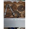 Image 1 : Assorted Barbell Weights and (2) 14" Spinlock Dumbbell Handles with Collars - PICK UP ONLY